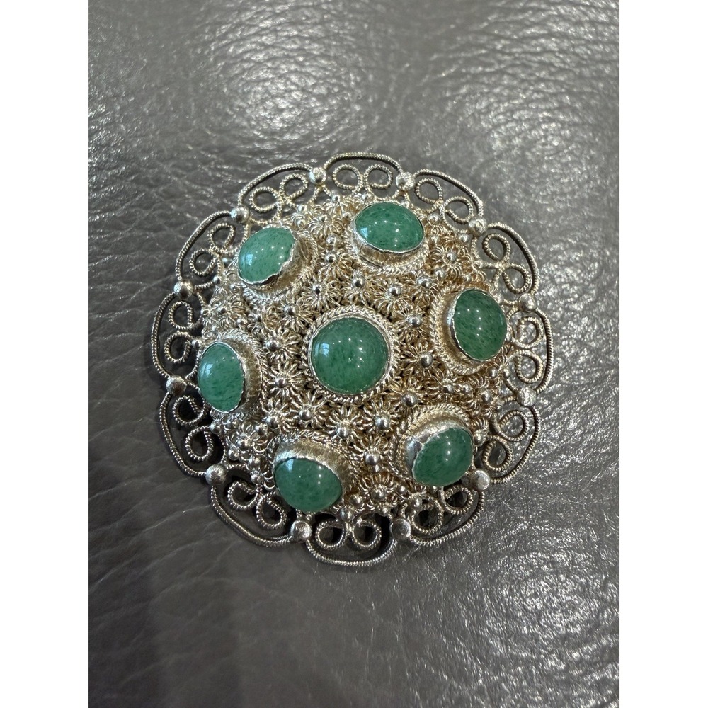 Antique Chinese Export Silver Jadeite Filigree Brooch 1940s Art Deco Intricate